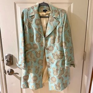 Juliana Collezione light mint blue and gold flowered trench style coat